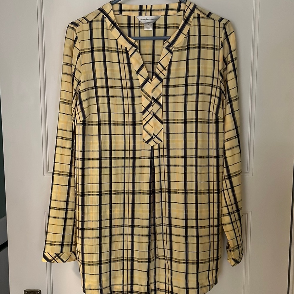 Yellow and blue long sleeved tunic with pleating in back